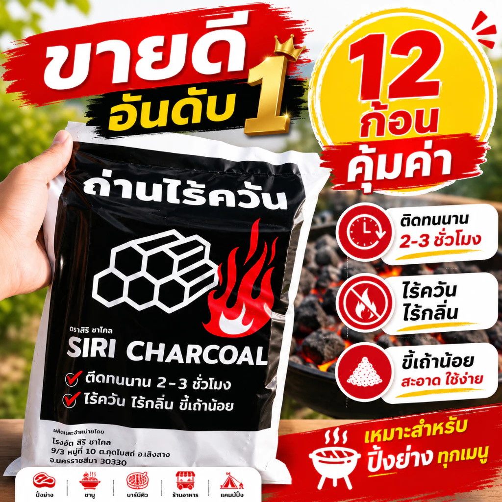 ถ่านปิ้งย่าง ถ่านไร้ควัน จำนวน 12 ก้อน