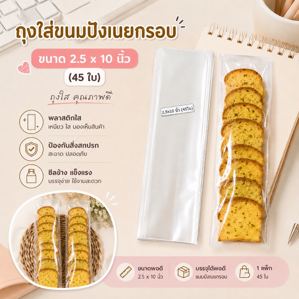 ถุงเเก้ว ถุงใส่ขนมปังเนยกรอบ ขนาด 2.5x10นิ้ว (45ใบ) ใส่ขนมปังได้8ชิ้น