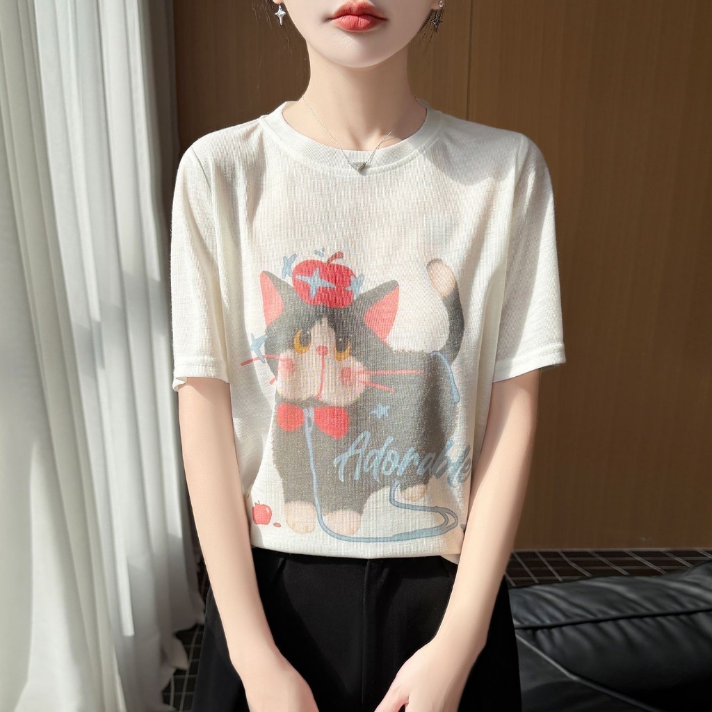เสื้อยืดแขนสั้นลายการ์ตูนแมวน่ารัก เหมาะสำหรับใส่ไปทำงาน สไตล์ใหม่รับซัมเมอร์ สวยงาม ใช้งานได้หลากหลาย ทันสมัย ​​และเรีย
