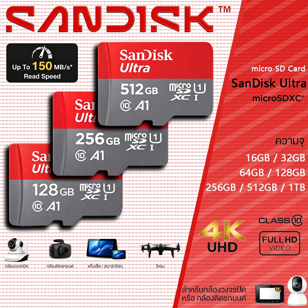 Sandisk Ultra Micro SDCard 32GB/64GB/128GB/256GB/512GB/1TB Class10 A1 (SDSQUAB)เมมโมรี่การ์ด TF Card แท๊บเล็ต Tablet