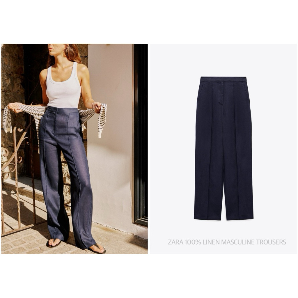 ZARA กางเกงทรงขากว้าง ผ้าลินิน เอวสูง 100% LINEN MASCULINE TROUSERS (C1404)