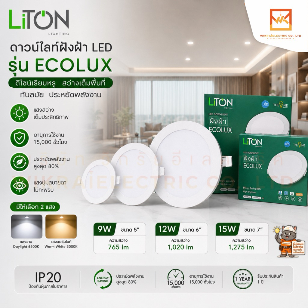 LITON ดาวน์ไลท์ฝังฝ้า 9W 12W 15W ขนาด 5" 6" 7" รุ่น ECOLUX แสงขาว แสงวอร์มไวท์ โคมไฟดาวน์ไลท์ Panel LED ราคาถูก