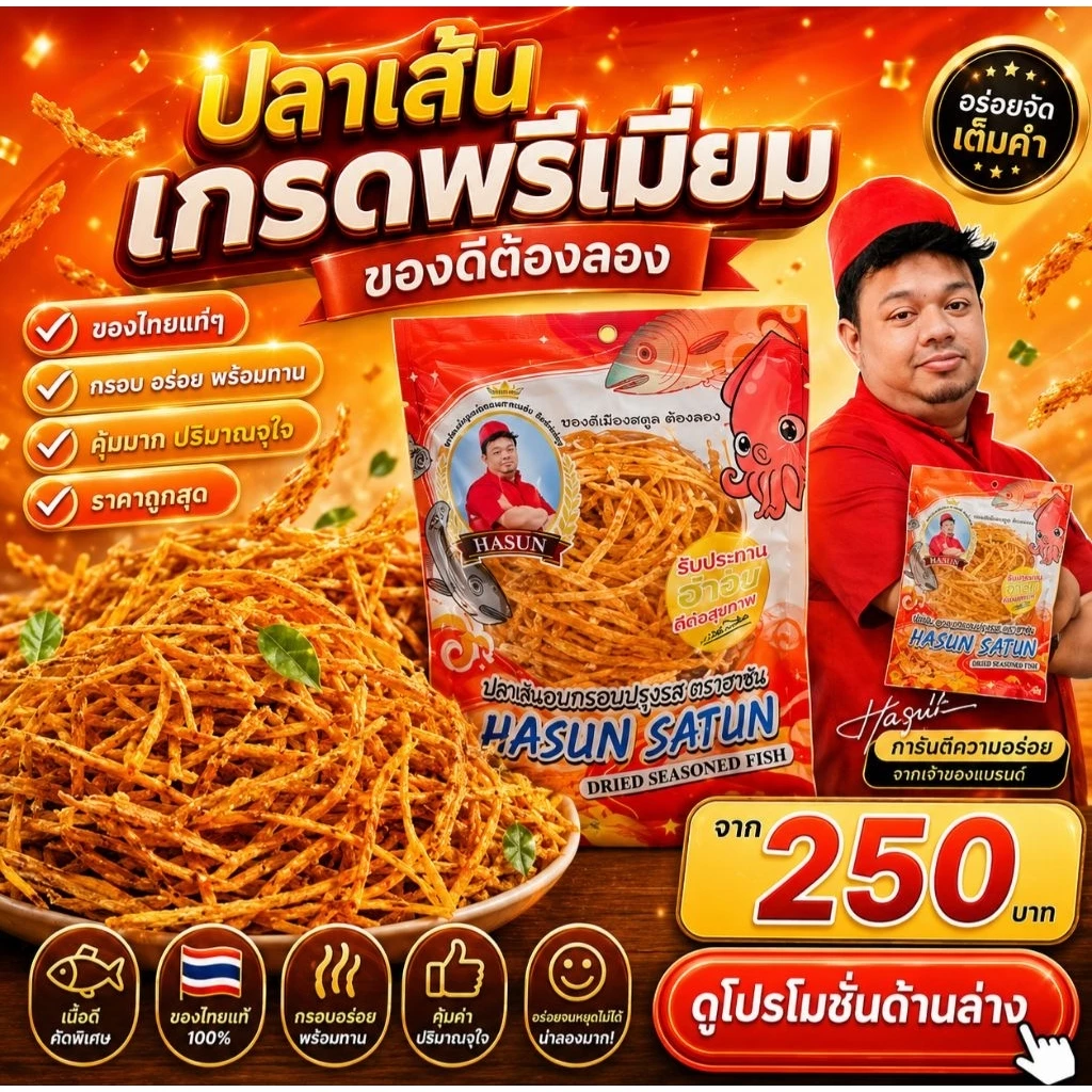 ปลาเส้นสูตรพรีเมี่ยมจากร้านบังฮาซัน แพคละ200กรัม (2แพค)