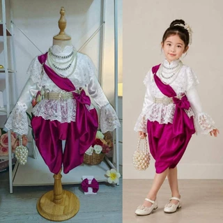 KT พร้อมส่ง 👗 ชุดไทยเด็กผ้าลูกไม้+ผ้าพาด กลัดโบว์ +โจงกระเบนสีไวน์สุดหรู 🎀 แถมกิ๊บโบว์ติดผม