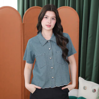 Glucoat | [T987] เสื้อยีนส์สีฟอกคอปกชายหยัก กระดุมหัวใจ แต่งกระเป๋าสองข้าง ผ้านิ่ม ใส่สบาย