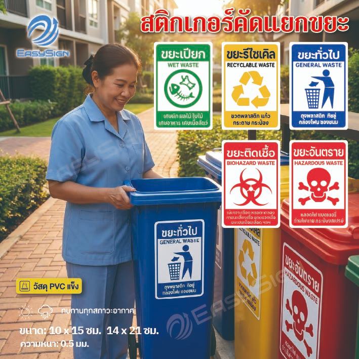 สติกเกอร์คัดแยกขยะ PVC เกรดพรีเมี่ยม กันน้ำ กันแดด ทนทาน 3-5 ปี ไม่ทิ้งคราบกาว มีหลายแบบ