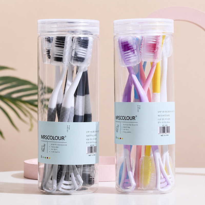 แปรงสีฟัน 2in1 บรรจุกระปุก 8 ด้าม ขนแปรงปลายเรียวเล็ก นุ่มพิเศษ พร้อมทำความสะอาดลิ้น