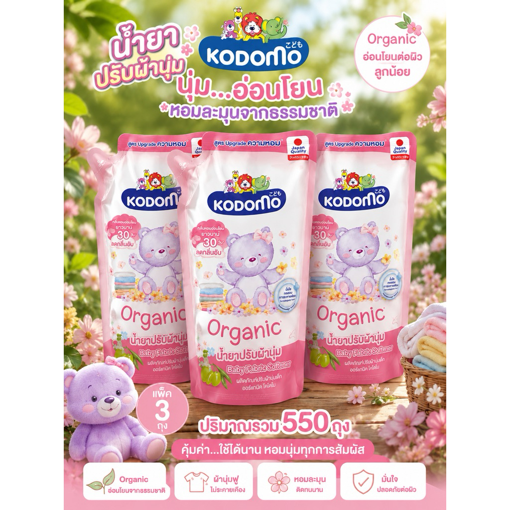 น้ำยาปรับผ้านุ่มเด็ก Kodomo ออร์แกนิค โอลีฟออยล์ 550 มล. แพ็ค 3 ถุง
