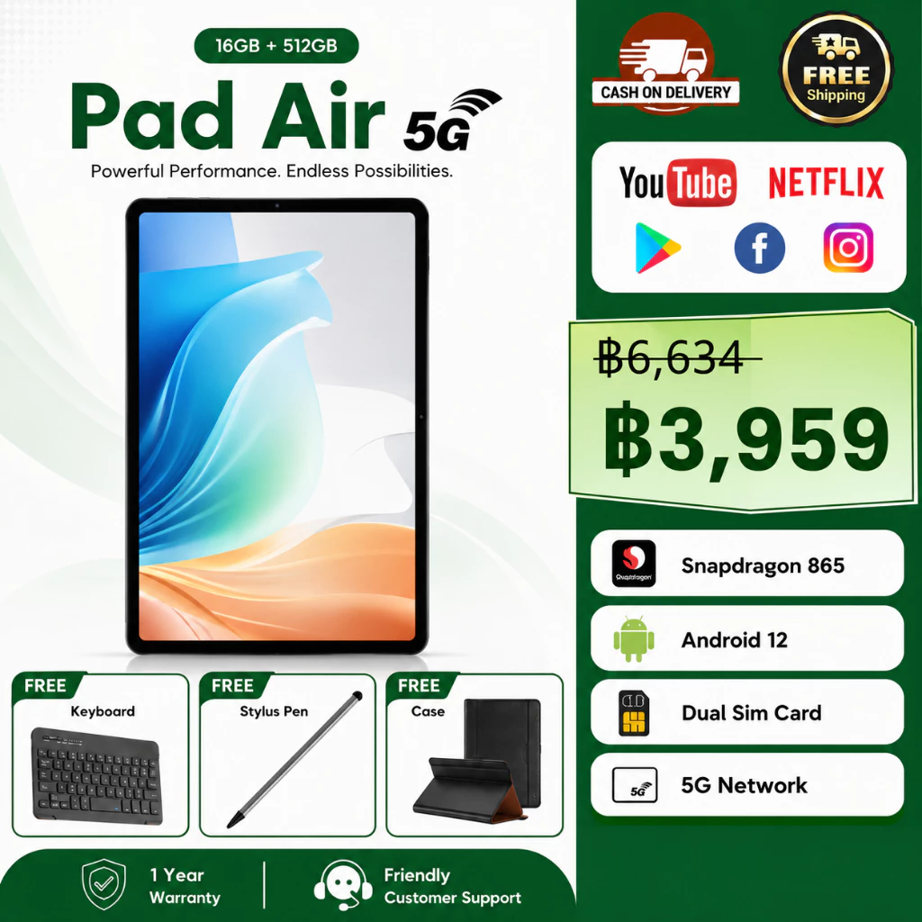 🔥 Pad Air 5G | RAM 16GB ROM 512GB | จอ IPS 12" | Android 12 | รองรับซิม + WiFi | ส่งฟรี