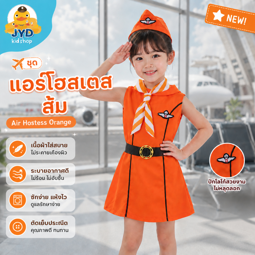 (jyd) ชุดอาชีพเด็ก ชุดแอร์โฮสเตส ชุดแอร์สีส้ม ชุดแอร์โฮสเตสเด็ก  ชุดแอร์