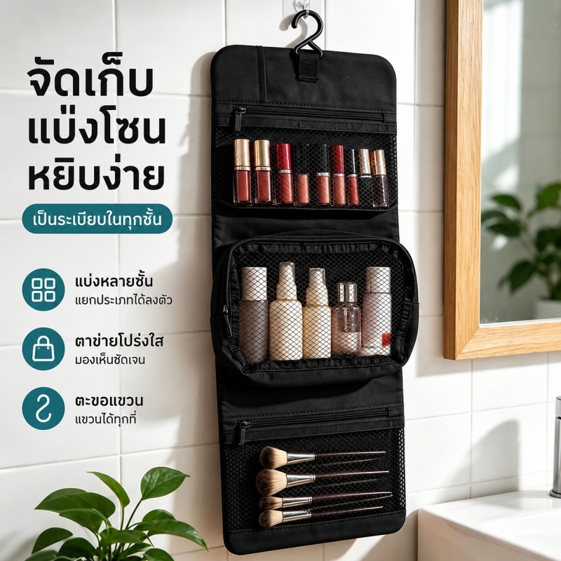 กระเป๋าเครื่องสำอางพับได้พร้อมตะขอ กระเป๋าเครื่องสำอางอเนกประสงค์ 3-in-1 พกพาสะดวก ความจุขนาดใหญ่