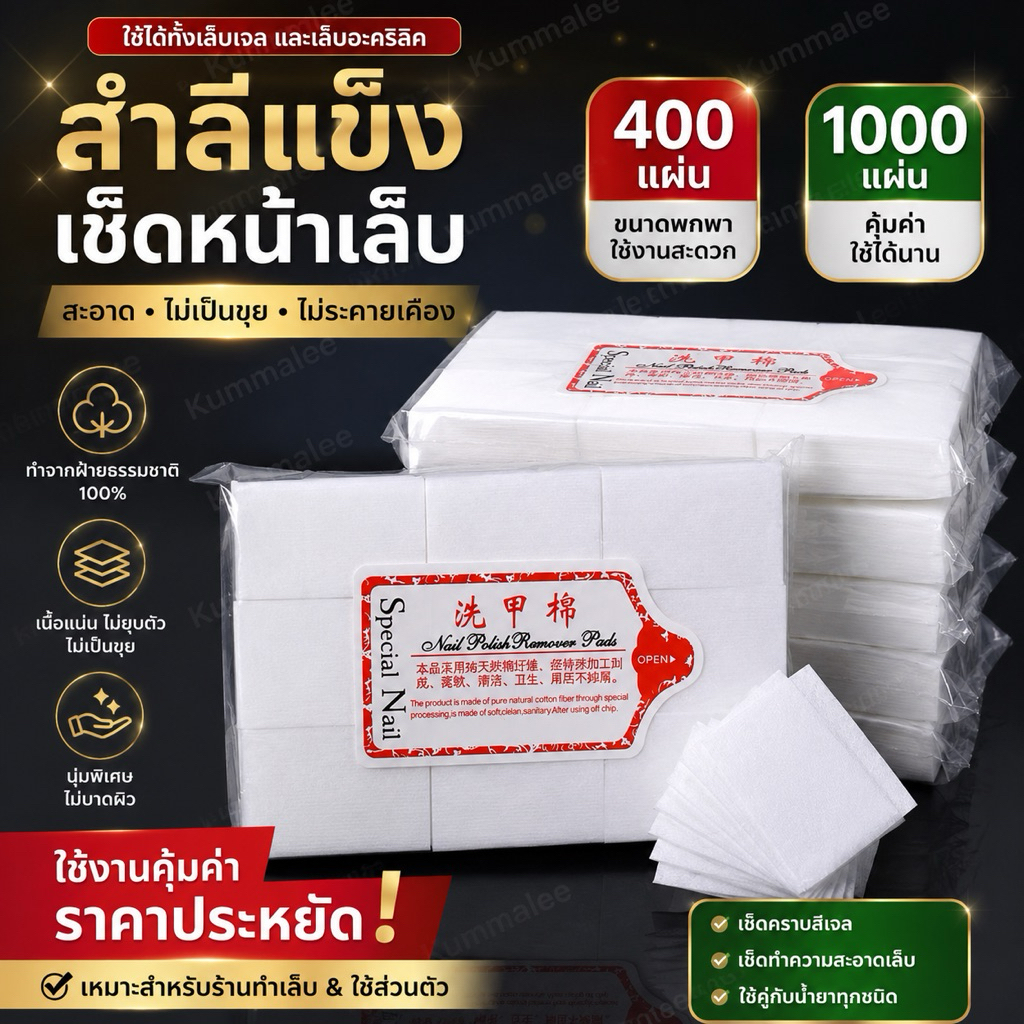 สำลีแผ่นไร้ขนแบบแข็ง เช็ดทำความสะอาดหน้าเล็บ (400แผ่น กับ 1,