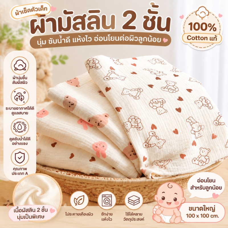 ผ้าเช็ดตัวเด็กใยไผ่ 100x100cm ผ้าห่มเด็ก สามารถซักได้ แผ่นรองฉี่เด็ก ผ้าฝ้ายแท้