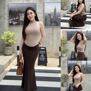 COZE-450-เซ็ต2ชิ้นคอเต่าแขนกุดเสื้อตัวยาวเว้าเอว+กระโปรงทรงยาวหางปลา