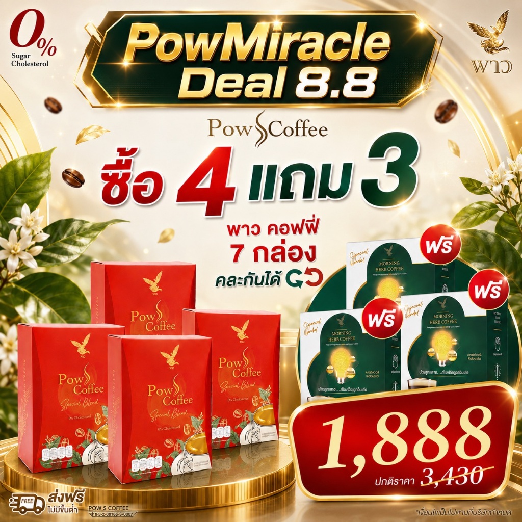 [เพจบริษัท]โปร 8.8 4แถม3 กล่อง พาวคอฟฟี่ +  กาแฟมอร์นิ่งเฮิร์บ หอมละมุน ไม่มีน้ำตาล ไม่มีไขมันทรานส์