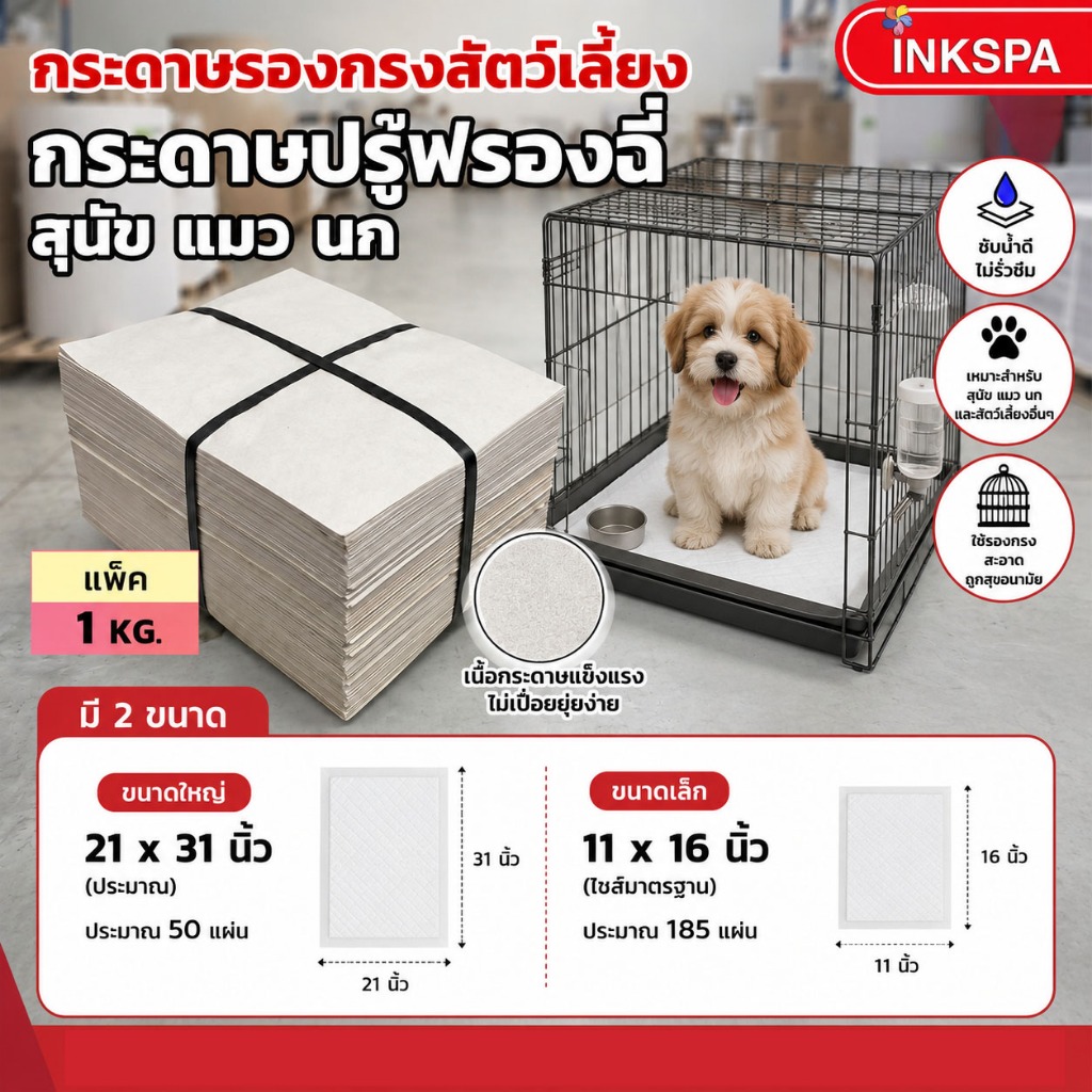 แพ็ค 1 Kg. กระดาษรองกรงสัตว์เลี้ยง กระดาษปรู๊ฟรองฉี่สุนัข แมว นกซับน้ำ ไม่เปื่อย ประหยัด ปลอดภัย