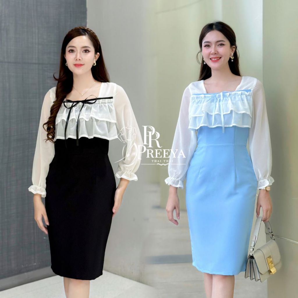 D07 ชุดผ้าไทย แบรนด์ปรียา เดรสผ้าเปเป้ ผ้าพริ้ว ใส่นุ่มสบาย คัตติ้งเนี๊ยบ มีไซส์ S-4XL ชุดเดรสทำงาน