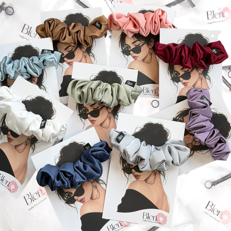 Blen.Scrunchies • เซ็ทของขวัญ ยางมัดผม รุ่น Basic Satin M + ถุง + การ์ด • ( ใช้ได้ทุกสภาพผม บาง/ปกติ/หนา )