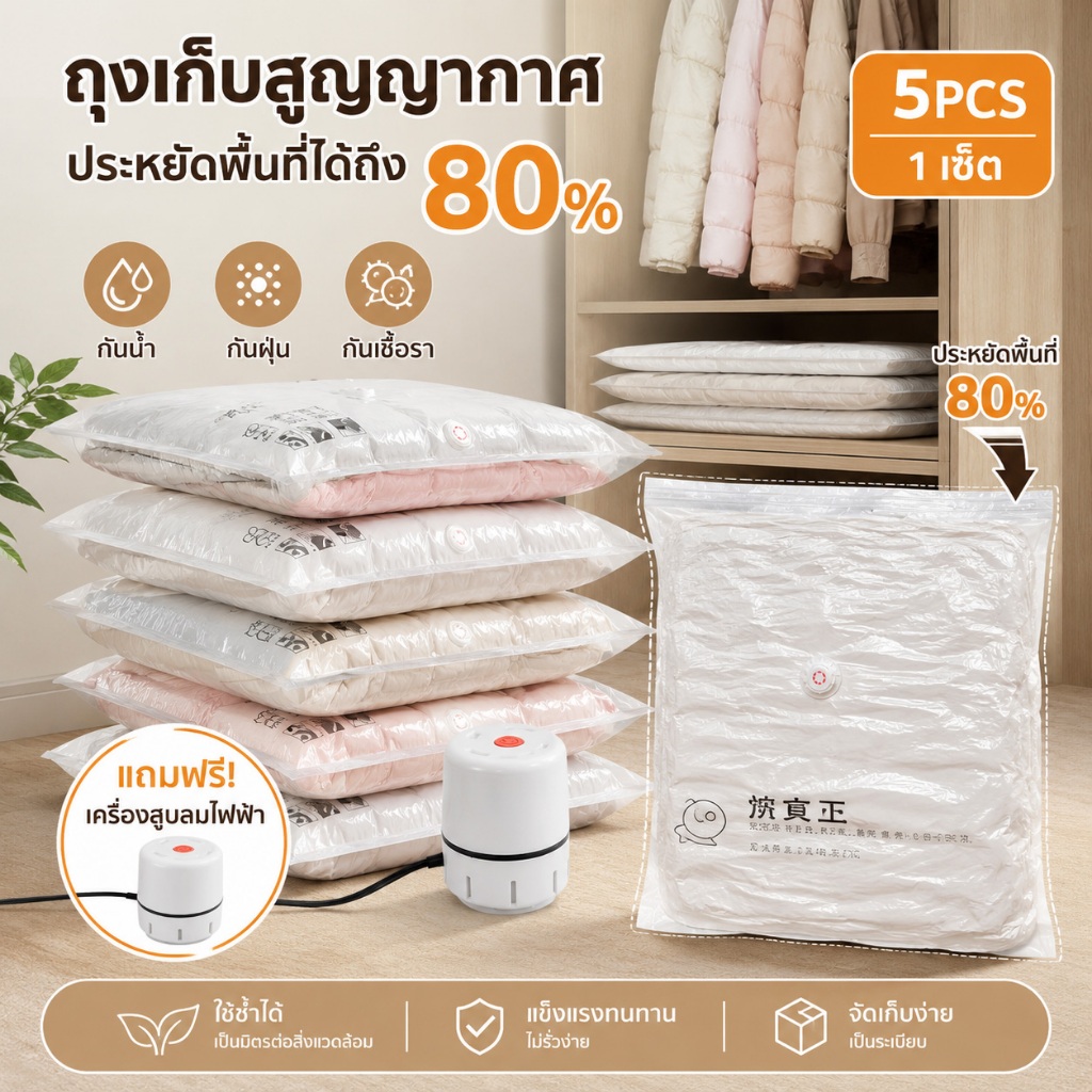 set 5 ชิ้น🔥ถุงสูญญากาศ หนาพิเศษ วาล์วกันรั่ว2ชั้น จัดเก็บของ ผ้าห่ม ผ้านวม กระชับพื้นที่เดินทาง ถุงใส่เสื้อผ้าพกพา
