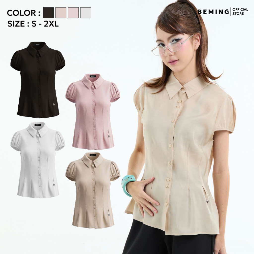 Bemingtop1253(S–2XL) - Roonnie Top - เสื้อคอปกดีไซน์แขนพองทรงเข้ารูปช่วยเน้นสัดส่วน