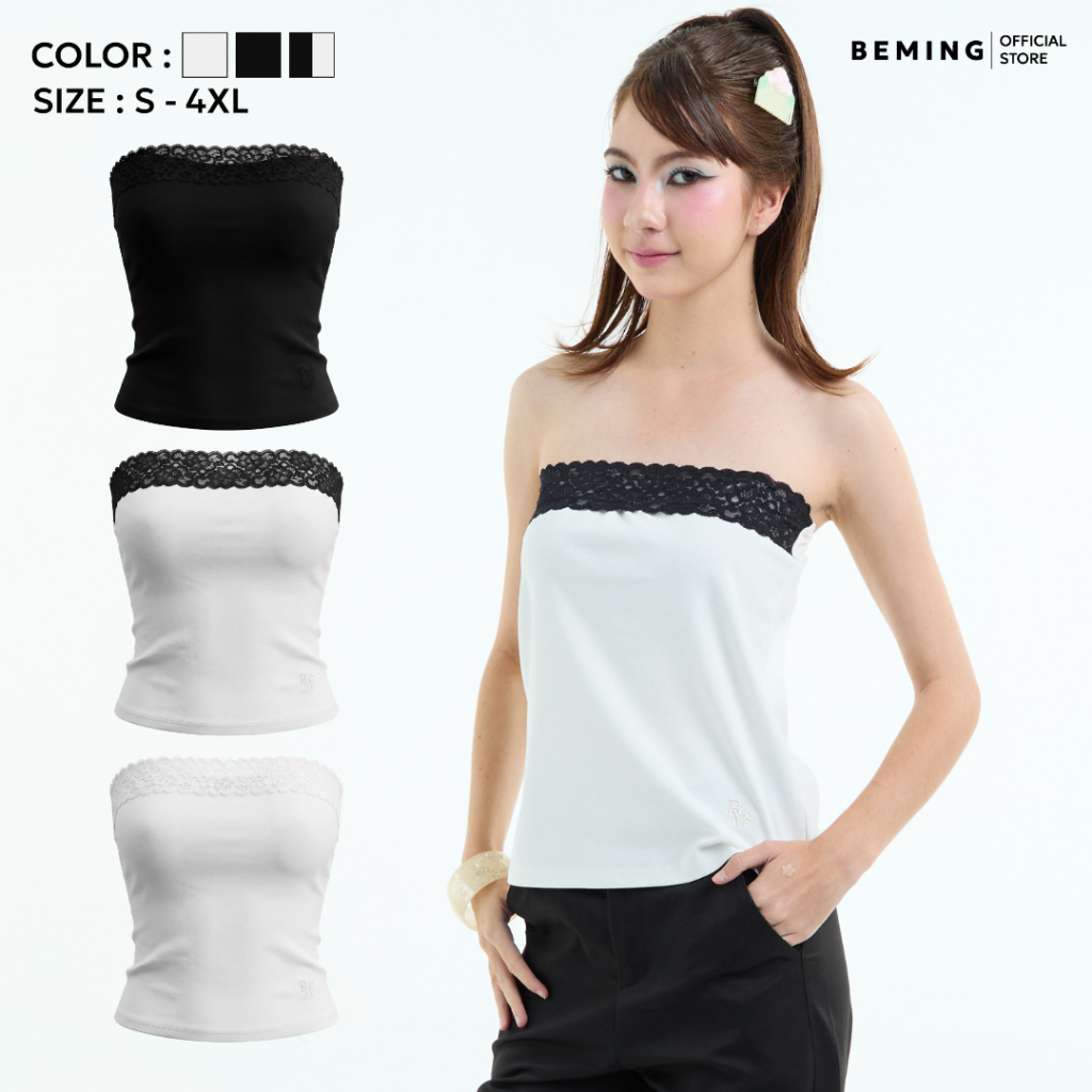 Bemingtop1260(S-4XL) - Poly Top - เกาะอกดีไซน์เรียบตกแต่งขอบลูกไม้เพิ่มความหวาน