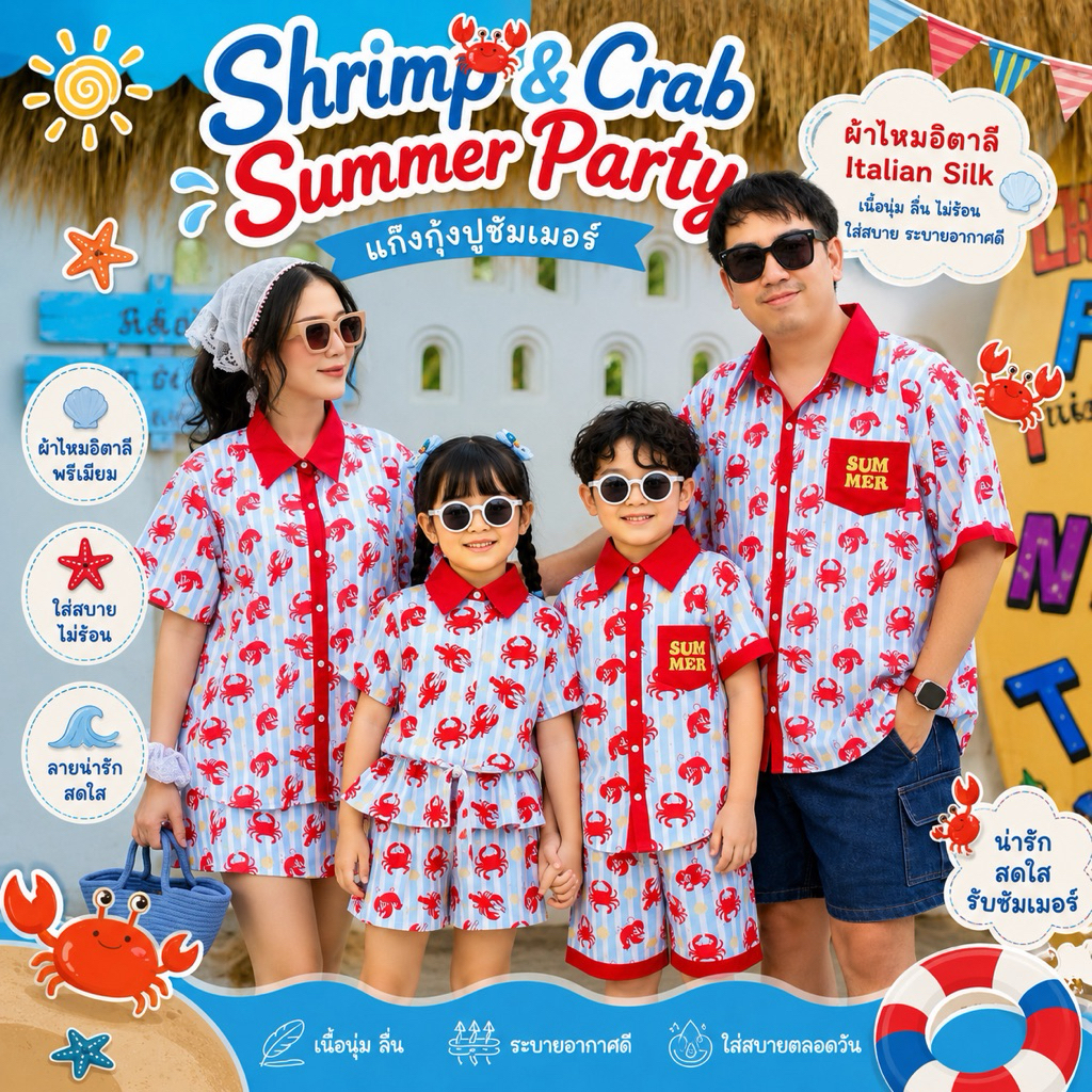 Shrimp & Crab Summer Party แก๊งกุ้งปูซัมเมอร์ ชุดเด็กผ้าไหมอิตาลี เซ็ตครอบครัว ลายทะเล ใส่สบาย