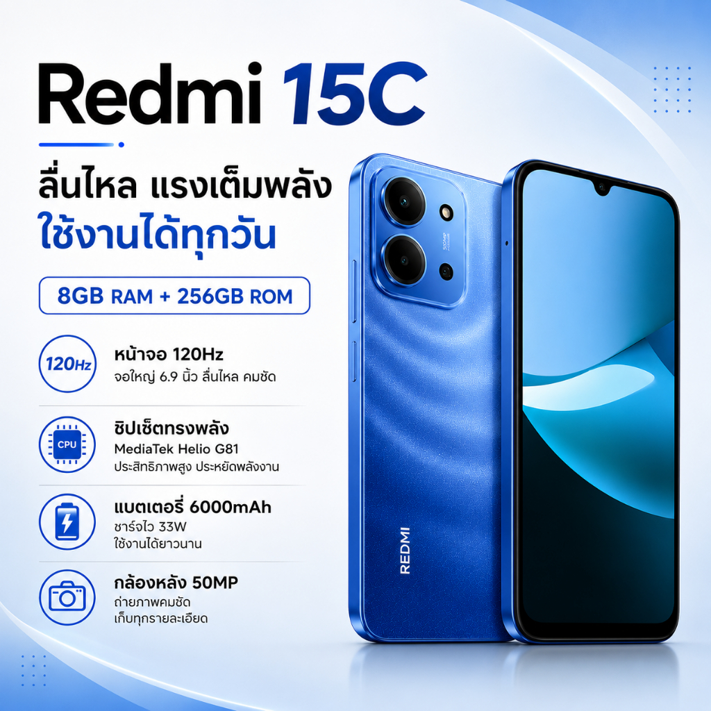 Redmi 15C RAM 8GB ROM 256GB จอ 6.9 นิ้ว FHD+ 120Hz กล้อง AI 50MP แบต 6000mAh ชาร์จเร็ว 33W