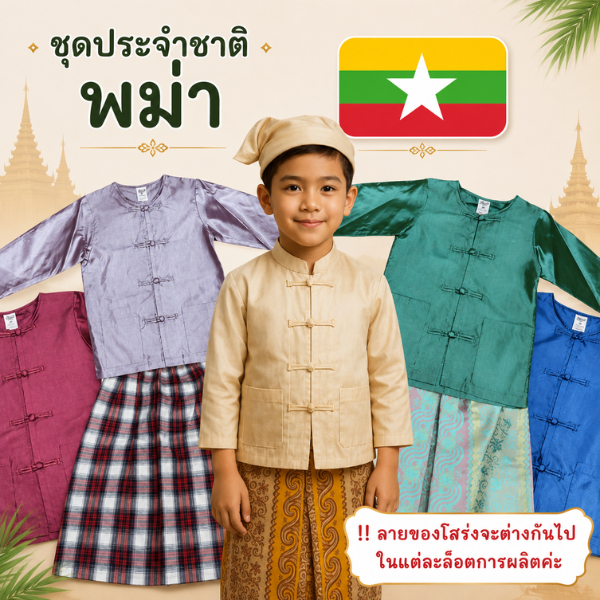 ชุดประจำชาติ พม่า เสื้อผ้าไหมจีน และโสร่งพร้อมผ้าคาดคาดหัว สินค้าพร้อมส่งจากประเทศไทย