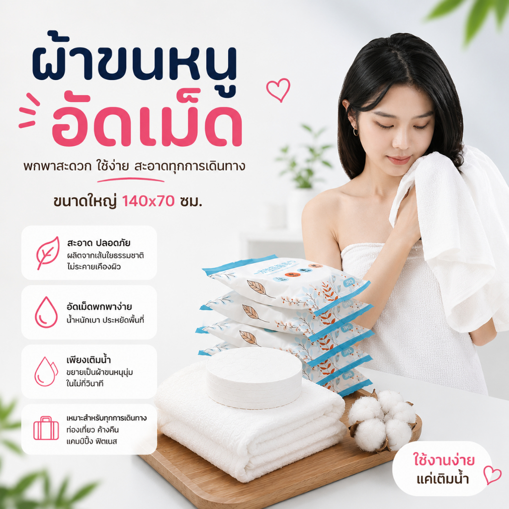 CMJ-05【Jumbo 140*70 ซม.】 ผ้าขนหนูอัดเม็ดผืนใหญ่ ไซส์จัมโบ้ แบบพกพา ผ้าอเนกประสงค์ ใช้แล้วทิ้ง ผ้าคอตตอน
