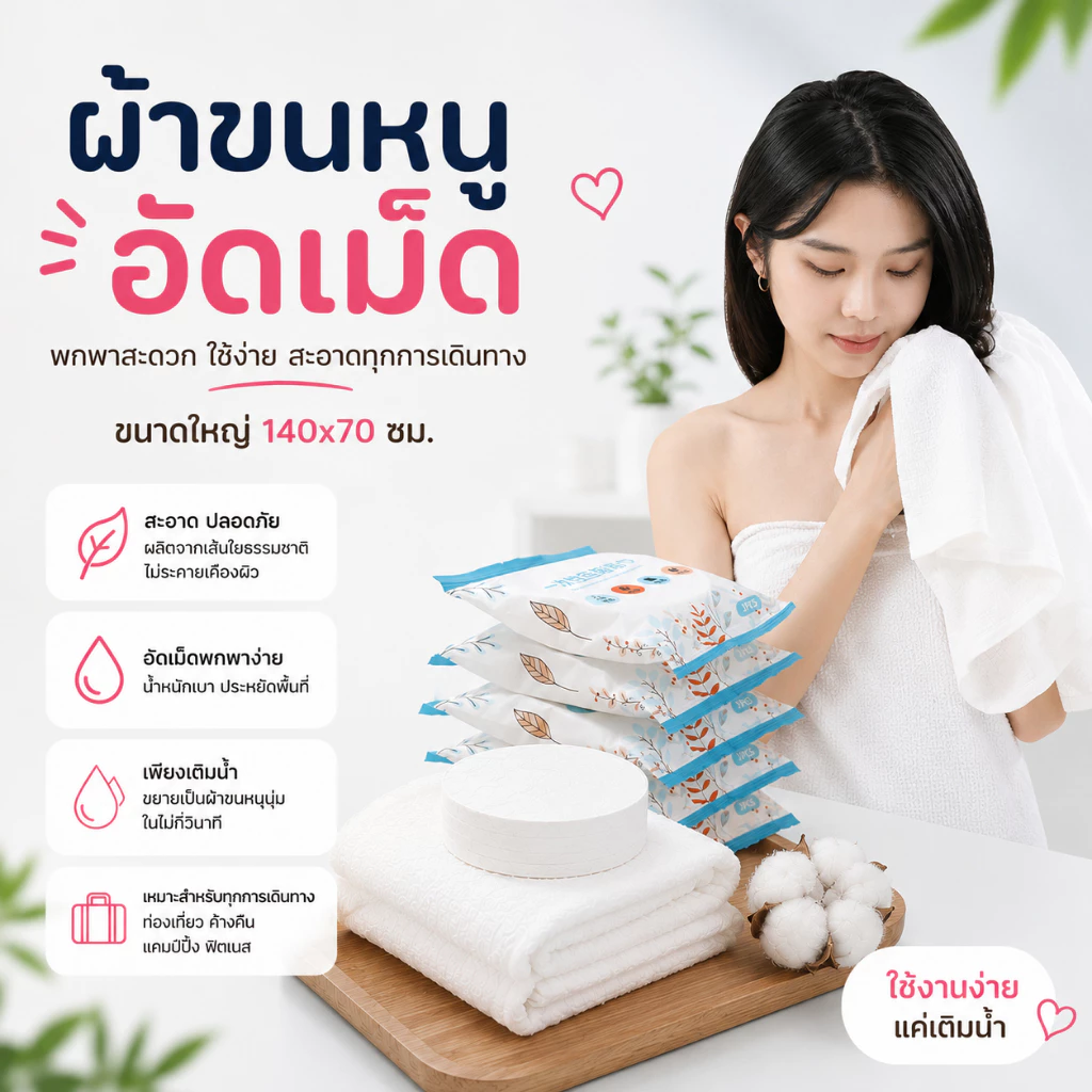 CMJ-05【Jumbo 140*70 ซม.】 ผ้าขนหนูอัดเม็ดผืนใหญ่ ไซส์จัมโบ้ แบบพกพา ผ้าอเนกประสงค์ ใช้แล้วทิ้ง ผ้าคอตตอน