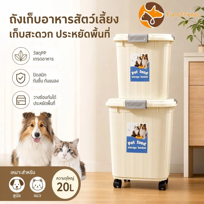 กล่องเก็บอาหารสัตว์เลี้ยง ถังอาหารหมา แมว กันชื้น ปิดสนิท มีล้อ ถ้วยตวง กล่องใส่อาหารแห้ง