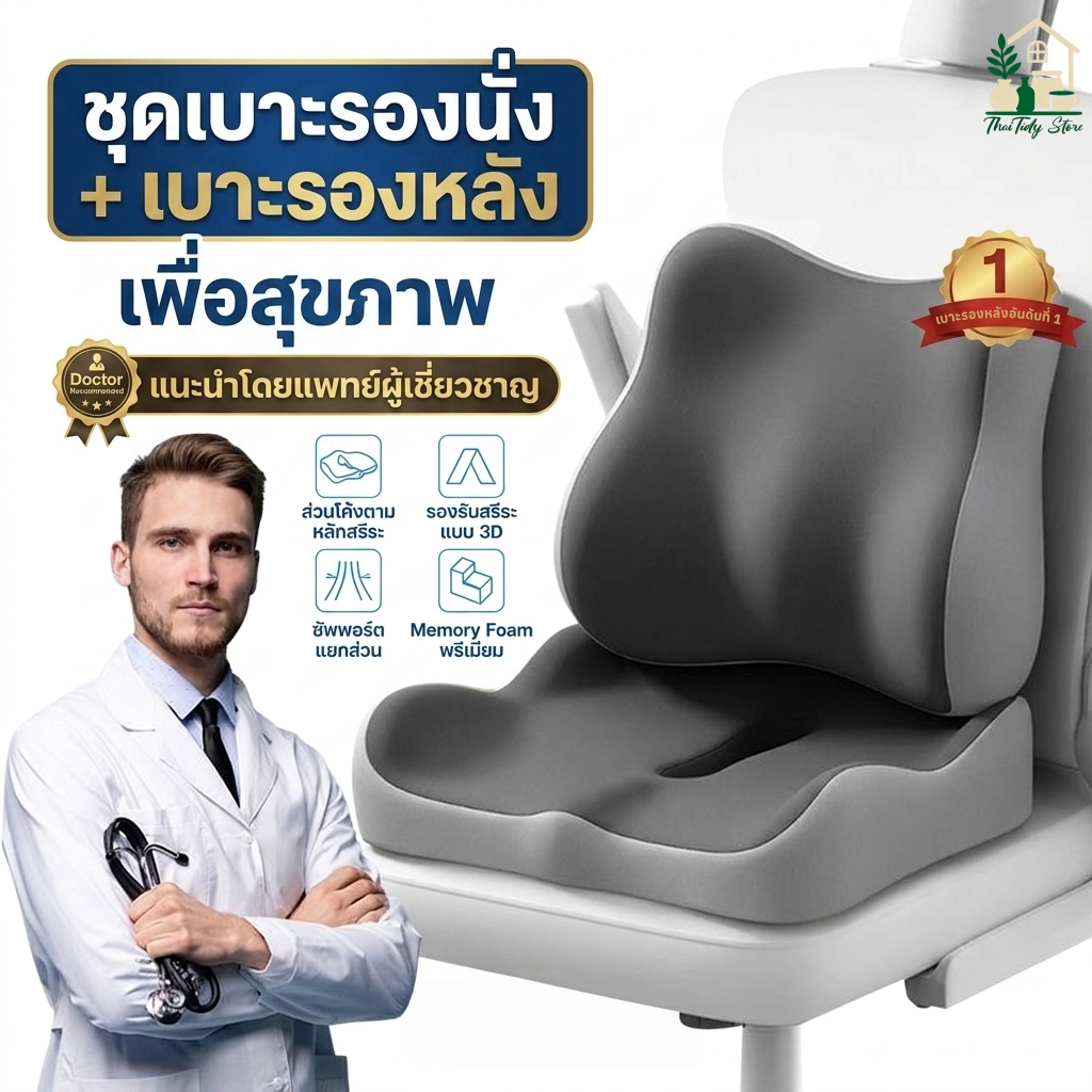 ชุดเบาะรองนั่ง+หมอนรองหลังเพื่อสุขภาพ เมมโมรี่โฟม รองรับเอว ลดปวดเมื่อย ระบายอากาศ สำหรับเก้าอี้ทำงานและรถยนต์