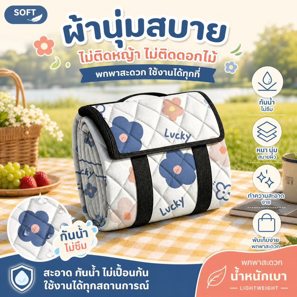 เสื่อกันชื้นปิกนิก กันน้ำ พับได้ พกพาง่าย ใช้ในสวน ชายหาด แคมป์ปิ้ง Waterproof Picnic Mat Beach Ground Sheet Travel Rug