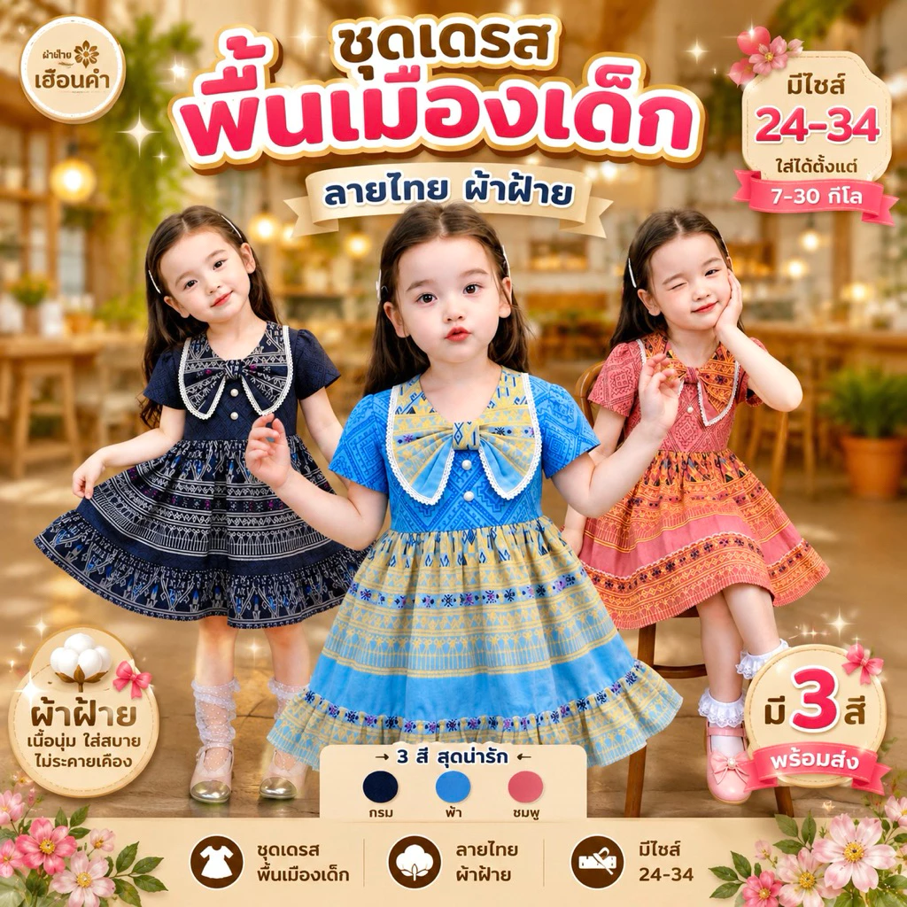 ชุดเดรสพื้นเมืองเด็ก ลายไทย 4สีพร้อมส่งจ้า