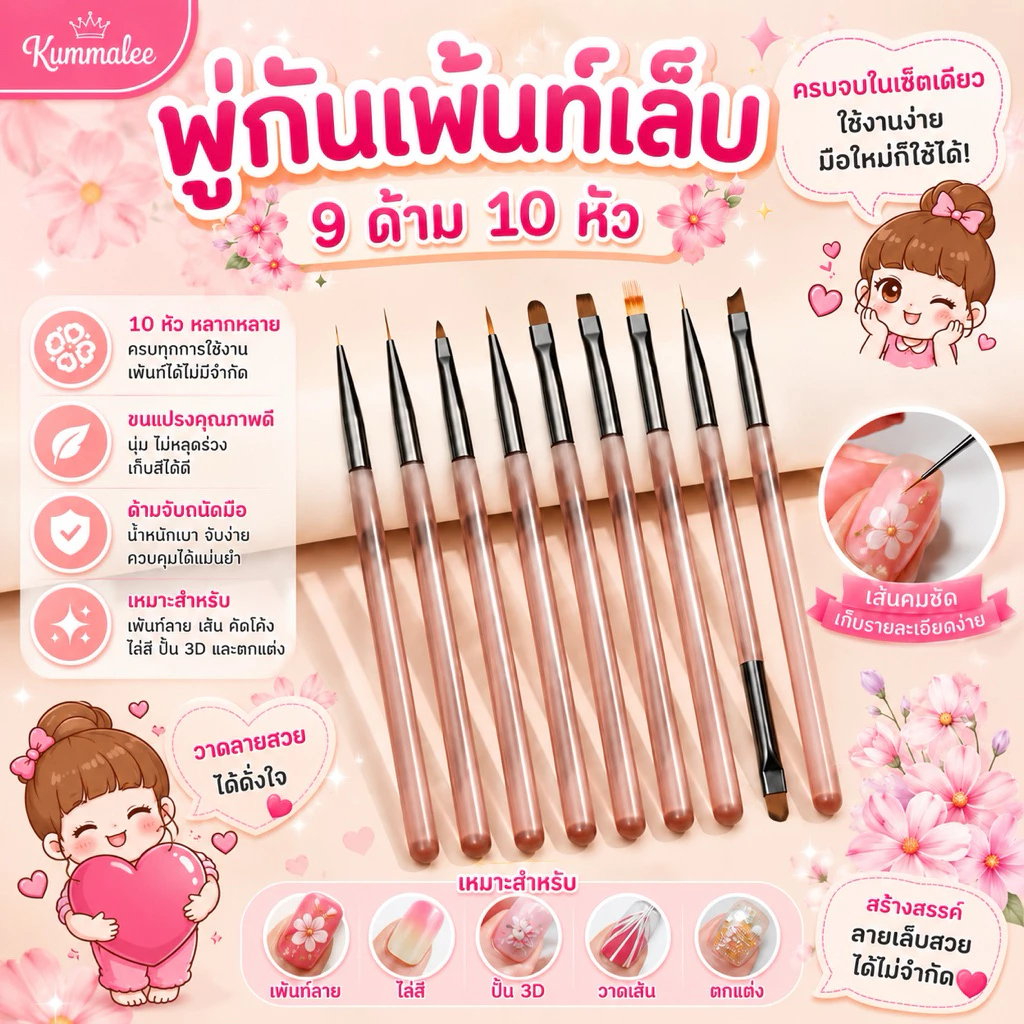 แปรงพู่กันเพ้นท์เล็บ เซ็ท 9 ด้าม 10 หัว ด้ามจับสไตล์ญี่ปุ่น
