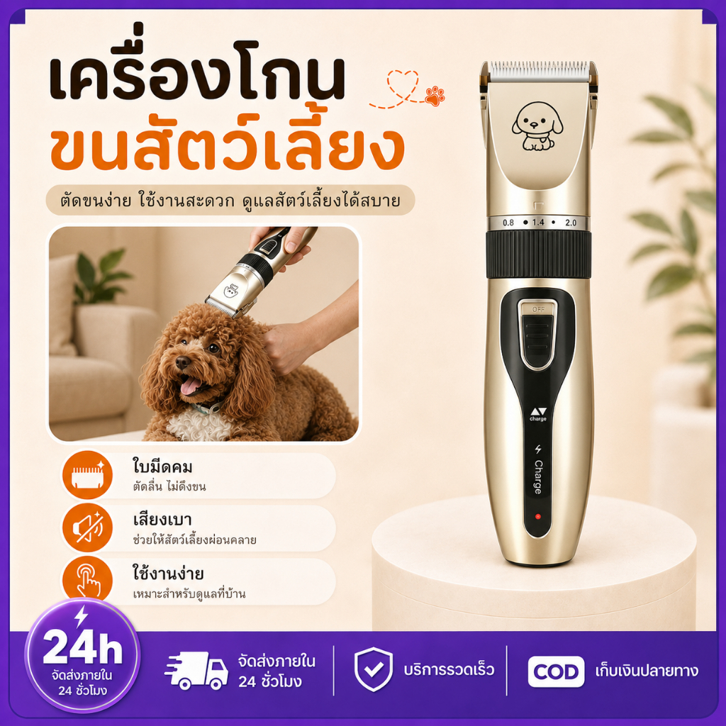 PETWELL ปัตตาเลี่ยนตัดขนสุนัข ชุด12ชิ้น อุปกรณ์เสริมฟรี Type-C ชาร์จใหม่ได้ ไร้สาย กันน้ำ เสียงเบา