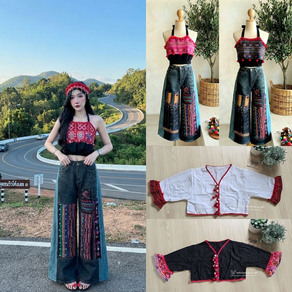 เสื้อครอปแขนยาว+เกาะอกผูกโบว์คอ รวมเสื้อผ้าฝ้ายพื้นเมือง ดีไซน์สีแดงและดำ ดูโดดเด่นและมีเอกลักษณ์