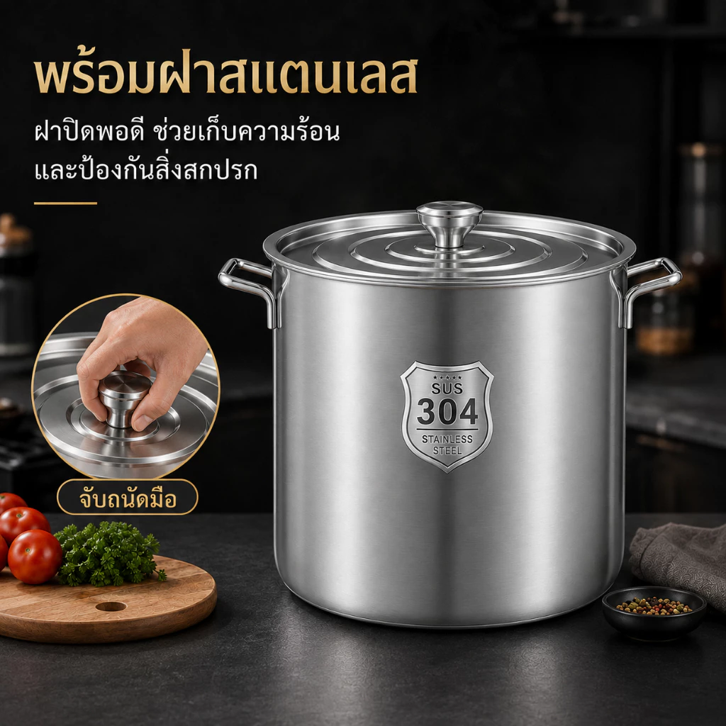 หม้อต้มน้ำซุปสแตนเลส 304 แบบหนาพิเศษ ทรงสูง ความจุใหญ่ พร้อมฝาปิด สำหรับร้านอาหารและโรงอาหาร thumbnail 5