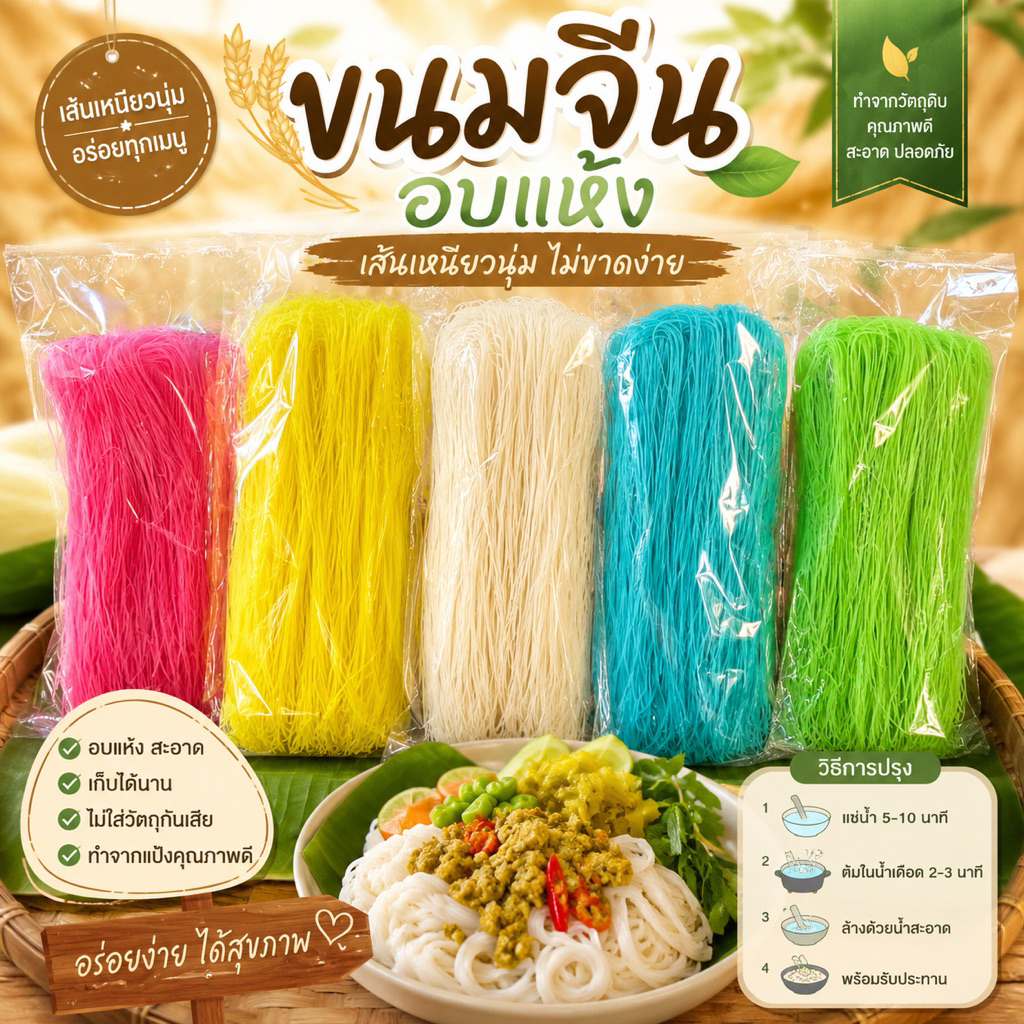 เส้นขนมจีนอบแห้ง เส้นเล็ก เหนียวนุ่ม หนึบ ปริมาณ 200 กรัม(1ห่อ)
