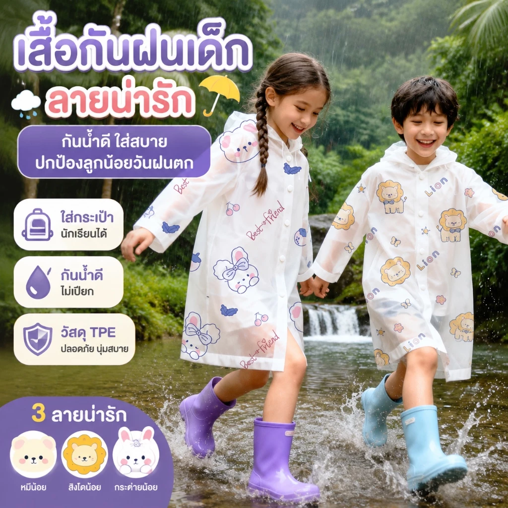 เสื้อกันฝนเด็กนักเรียน EVA ปีกหมวกกว้าง ใส่ง่าย สงกรานต์/ฝนตกใช้ได้