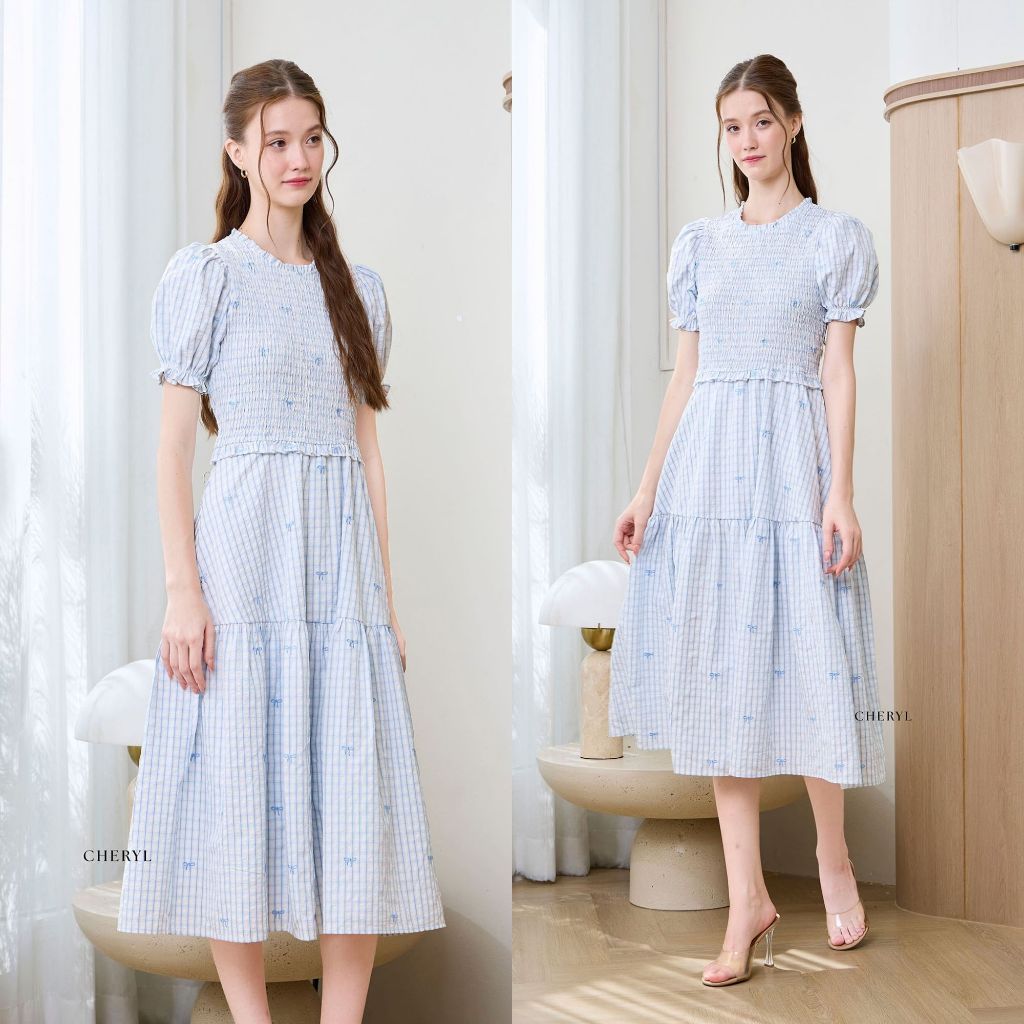 Cheryl brand - Aurora Puff Sleeves Maxi Dress in Baby Blue / เดรสสีฟ้าแขนตุ๊กตา สม็อคช่วงตัวลายดอกไม้