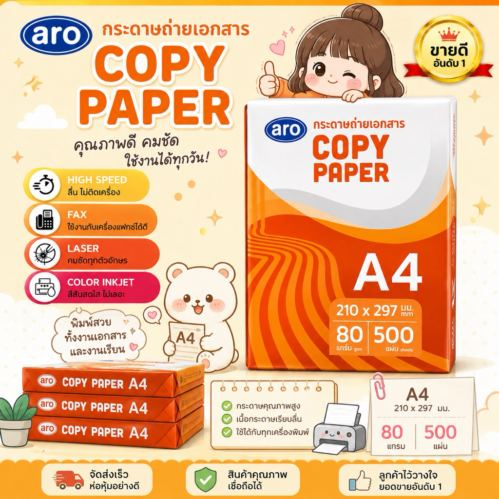 กระดาษถ่ายเอกสาร A4 ARO 80 แกรม 500 แผ่น 1รีม | กระดาษปริ้นเตอร์ กระดาษเครื่องถ่ายเอกสาร