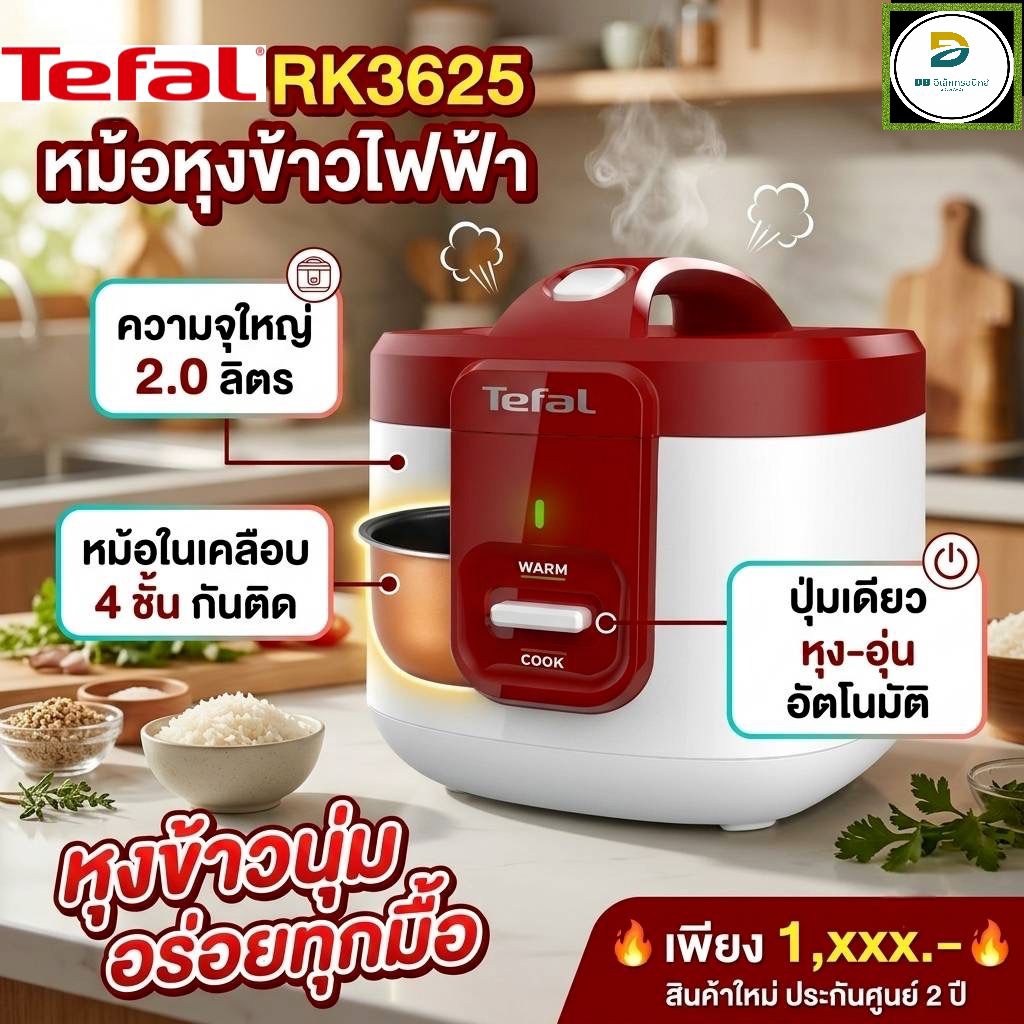 หม้อหุงข้าว TEFAL อุ่นทิพย์แบบ หม้อเคลือบ 2 ลิตร์ รุ่น EVERFORCE 2.0L RK3625 สีแดง