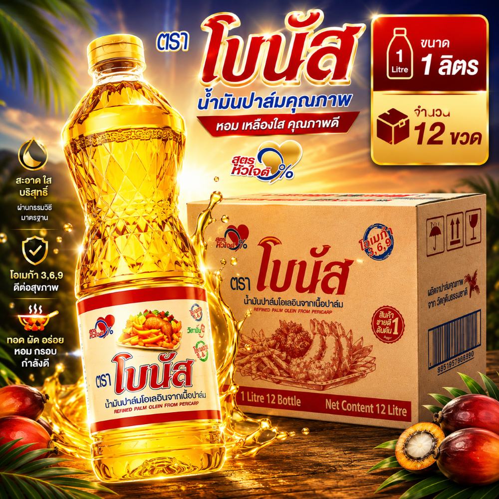 น้ำมันปาล์ม โบนัส  โอเลอิน 1 ลิตร (12 ขวด/ลัง)