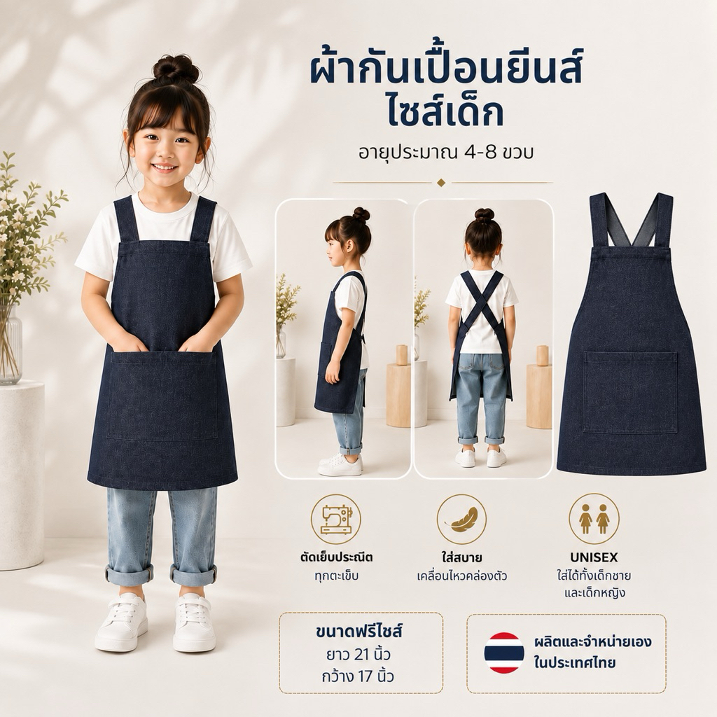 ผ้ากันเปื้อนเด็กโต อายุประมาณ 4-8 ขวบ มีหลายสีหลายแบบให้เลือก