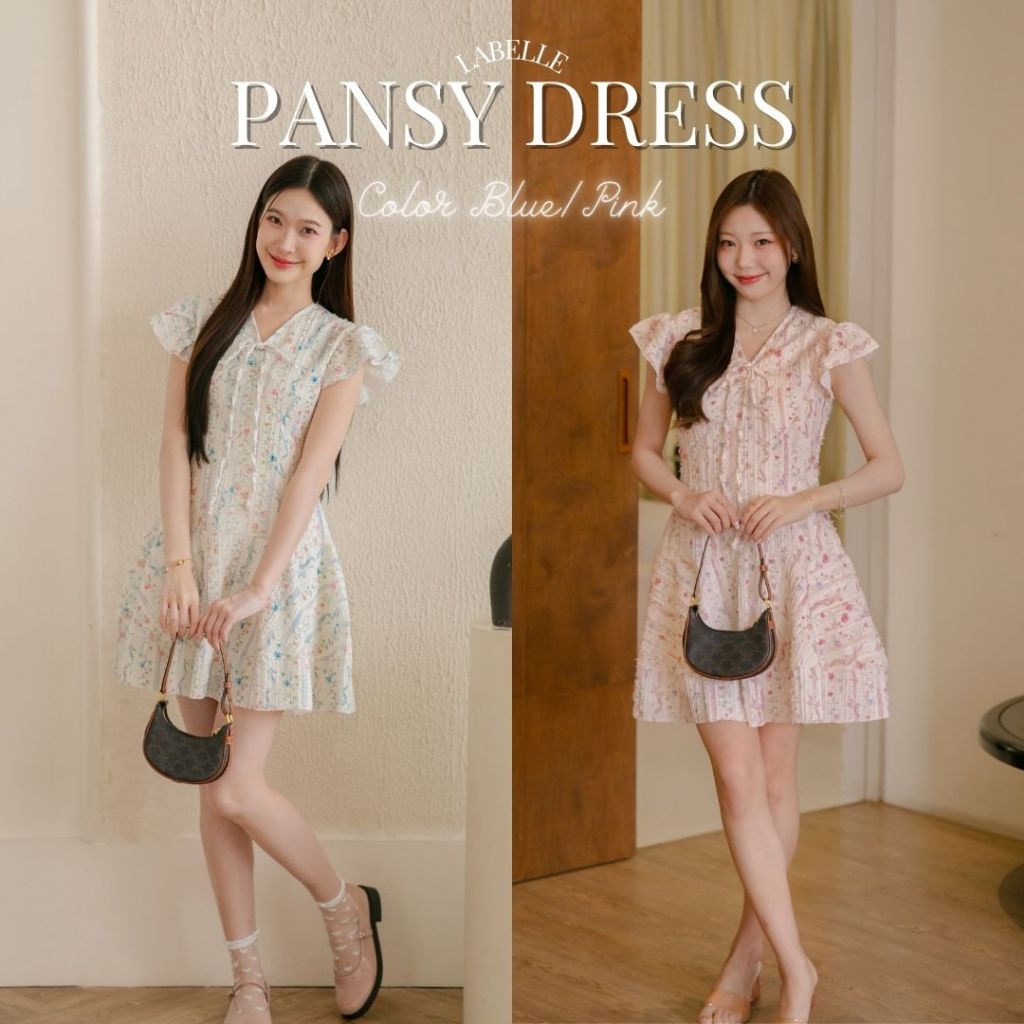 ล้อตใหม่สีฟ้า เข้มขึ้น DR0453 LABELLE รุ่น Pansy Dress เดรสลายดอกไม้พริ้วๆ น่ารัก