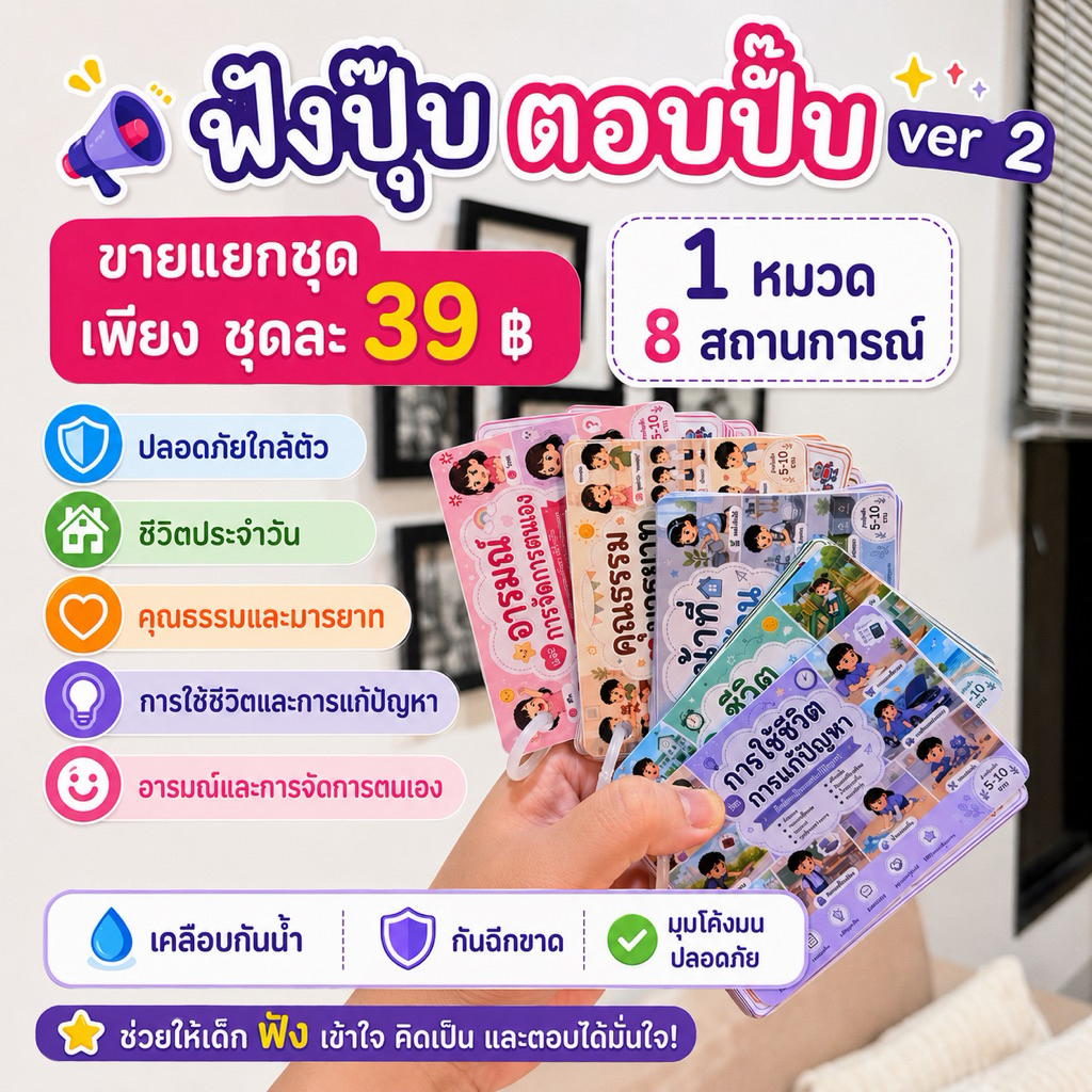 ”ขายแยกชุด“ ฟังปุ๊บ ตอบปั๊บ Ver.2 การ์ดฝึกการฟัง ถาม-ตอบ เสริมพัฒนาเด็ก 5-10 ปี ( อ่านง่าย ตัวหนังสือใหญ่กว่าเดิม )