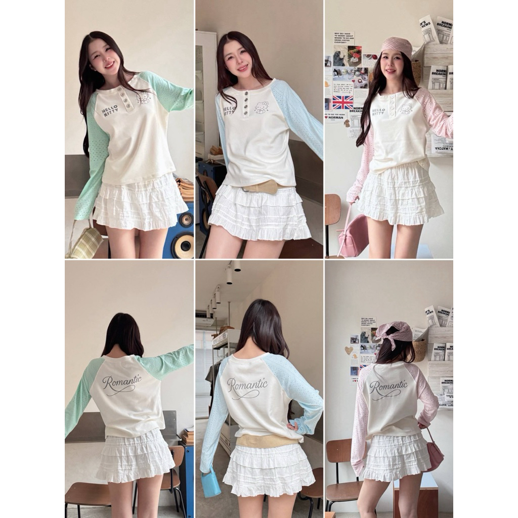 🧸Cookies Bear🧸 new เสื้อแขนยาวทูโทนมีกระดุมสกีนลายการ์ตูนหน้า-หลัง ดีเทลตัดแขนฉลุสีหวาน กระดุมใช้งานได้จริง