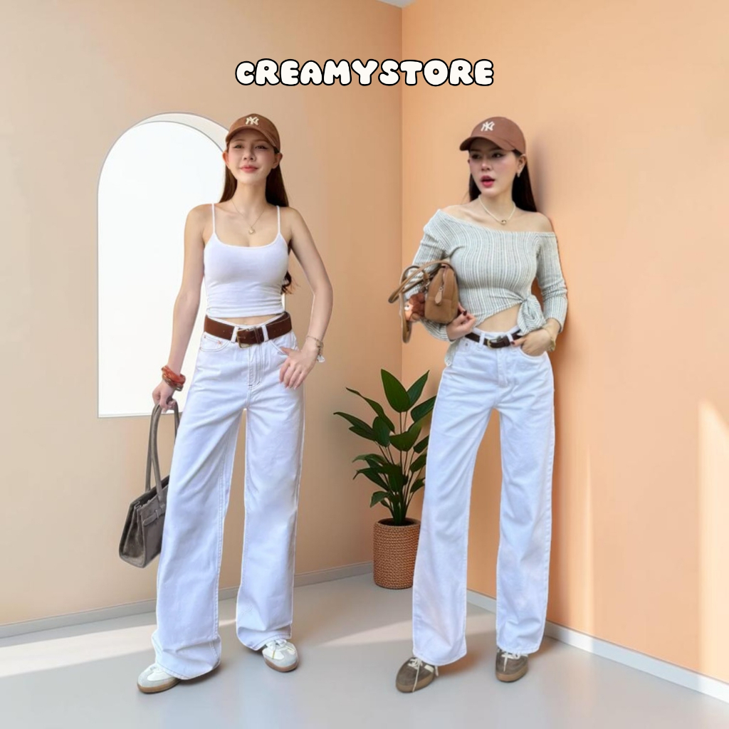 CreamyStore กางเกงยีนส์ขากระบอกกลาง สีขาว ผ้าไม่ยืด ป้ายYam' jeans🍨