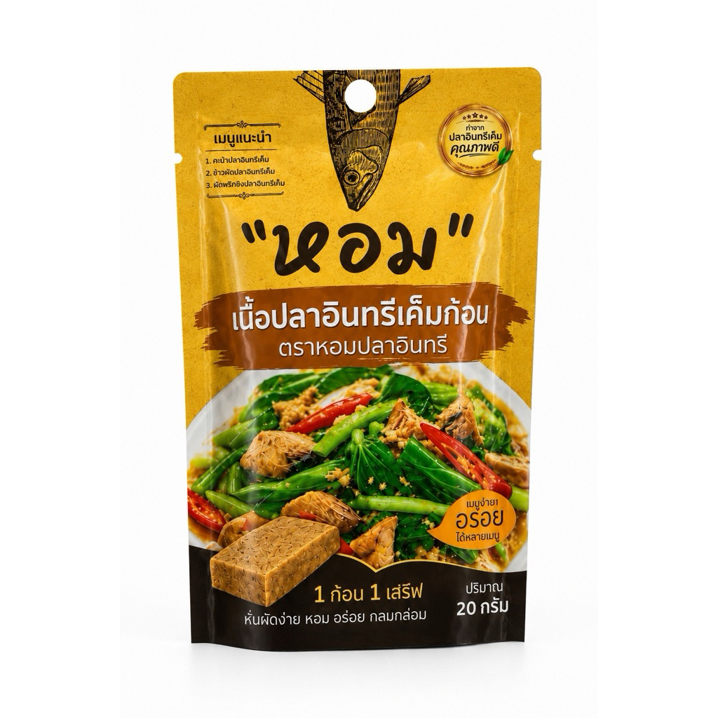 เนื้อปลาอินทรีเค็มก้อน ตราหอมปลาอินทรี 1 ก้อน ต่อ 1 เสิร์ฟ ฉีกซองทานได้เลย หรือนำไปประกอบอาหารได้ทันที